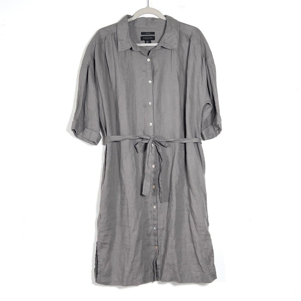 Tahari 100% Linen Shirt Dress Women Sz XL Gray Belted Short Sleeve Button Front